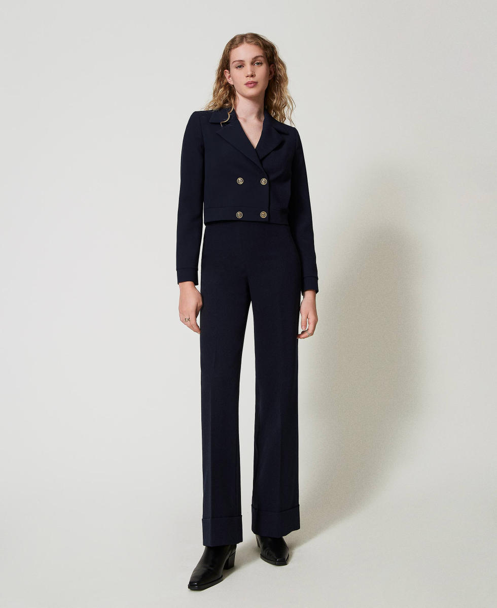 Blouson cropped en cr&ecirc;pe cady Bleu Classique Femme 242TT2100_11956_T0