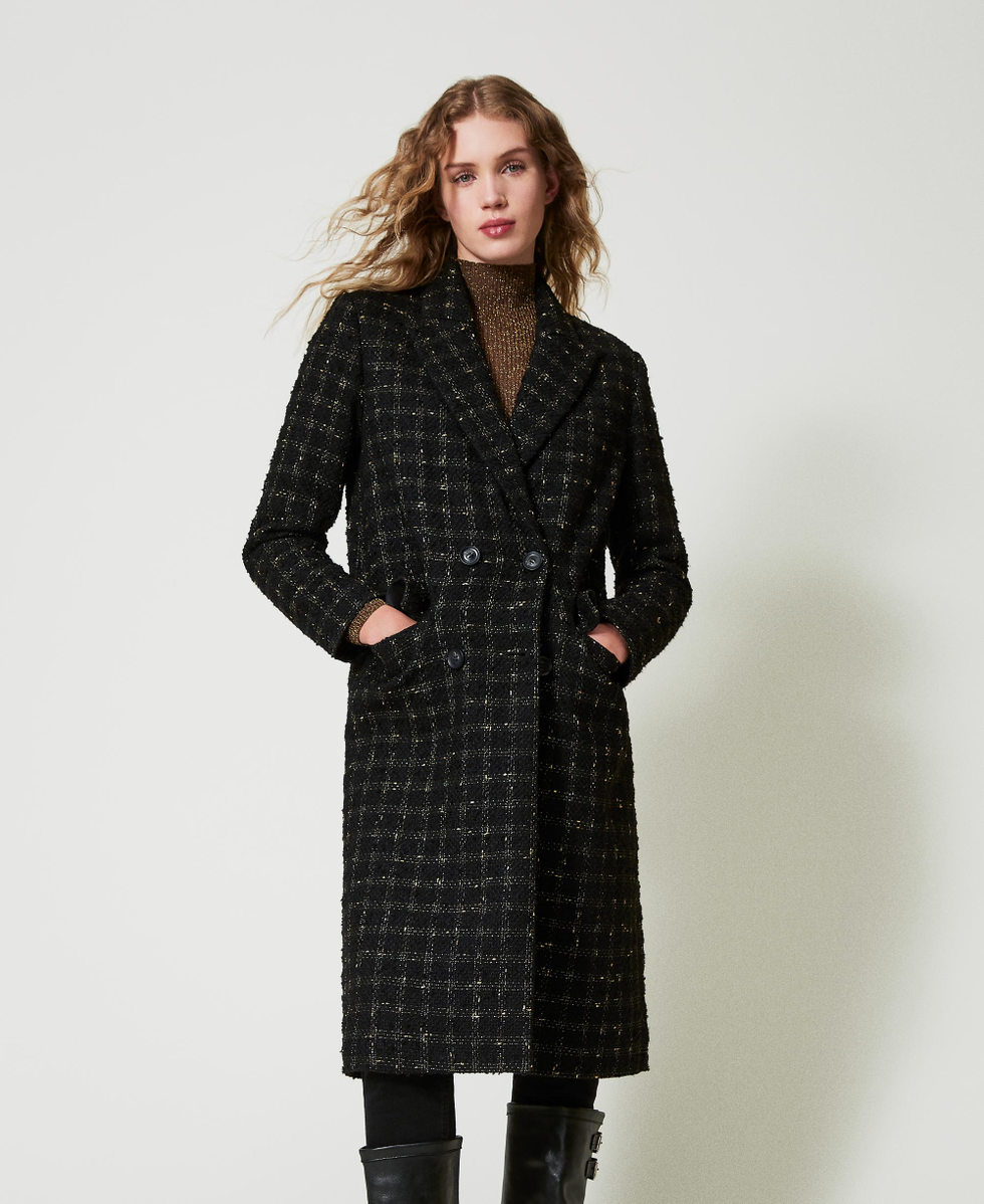 Boucle coat with check pattern Woman Black TWINSET Milano