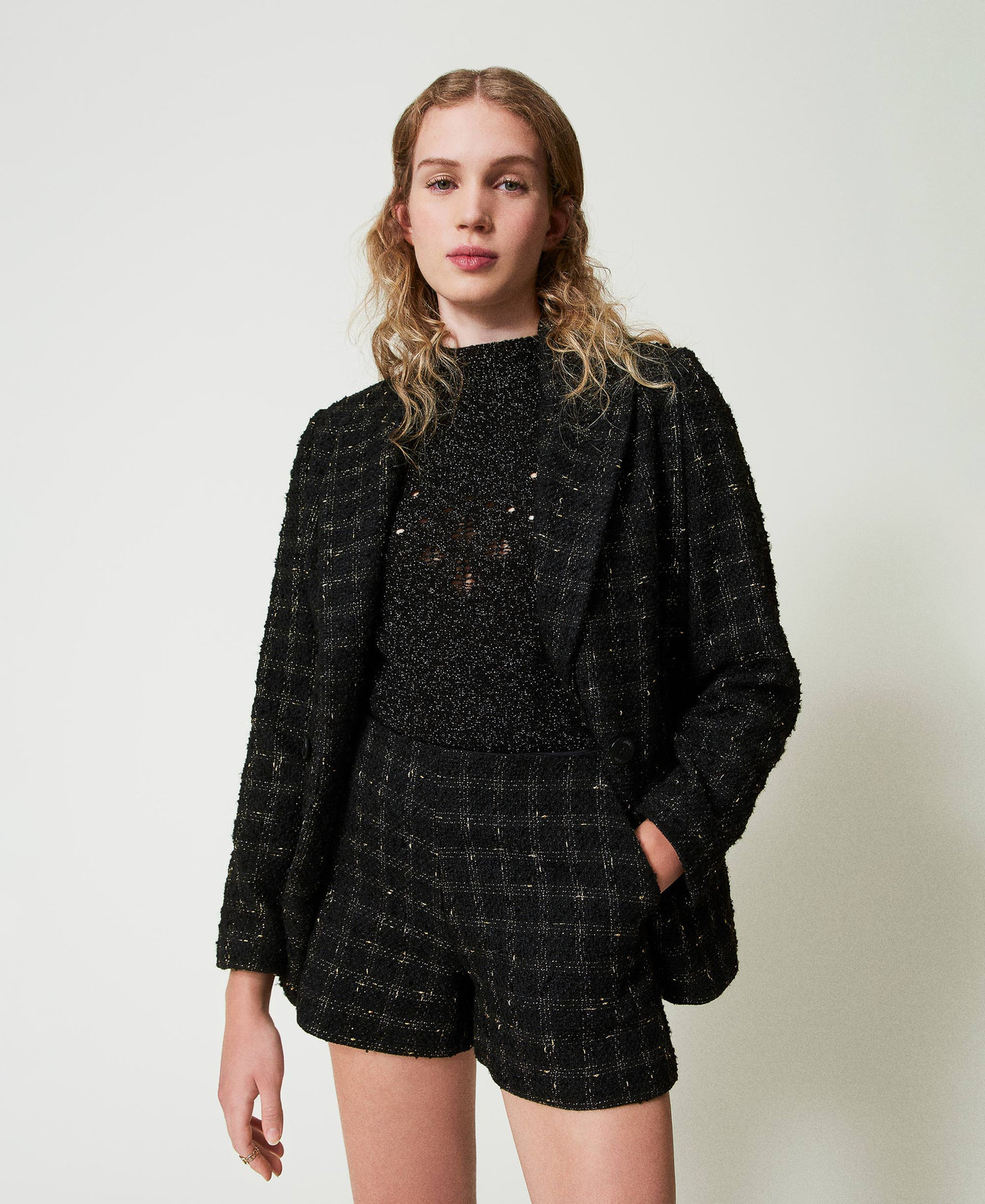 Bouclé shorts with check pattern Black / Gold Bouclè Woman 242TT2152_12009_02