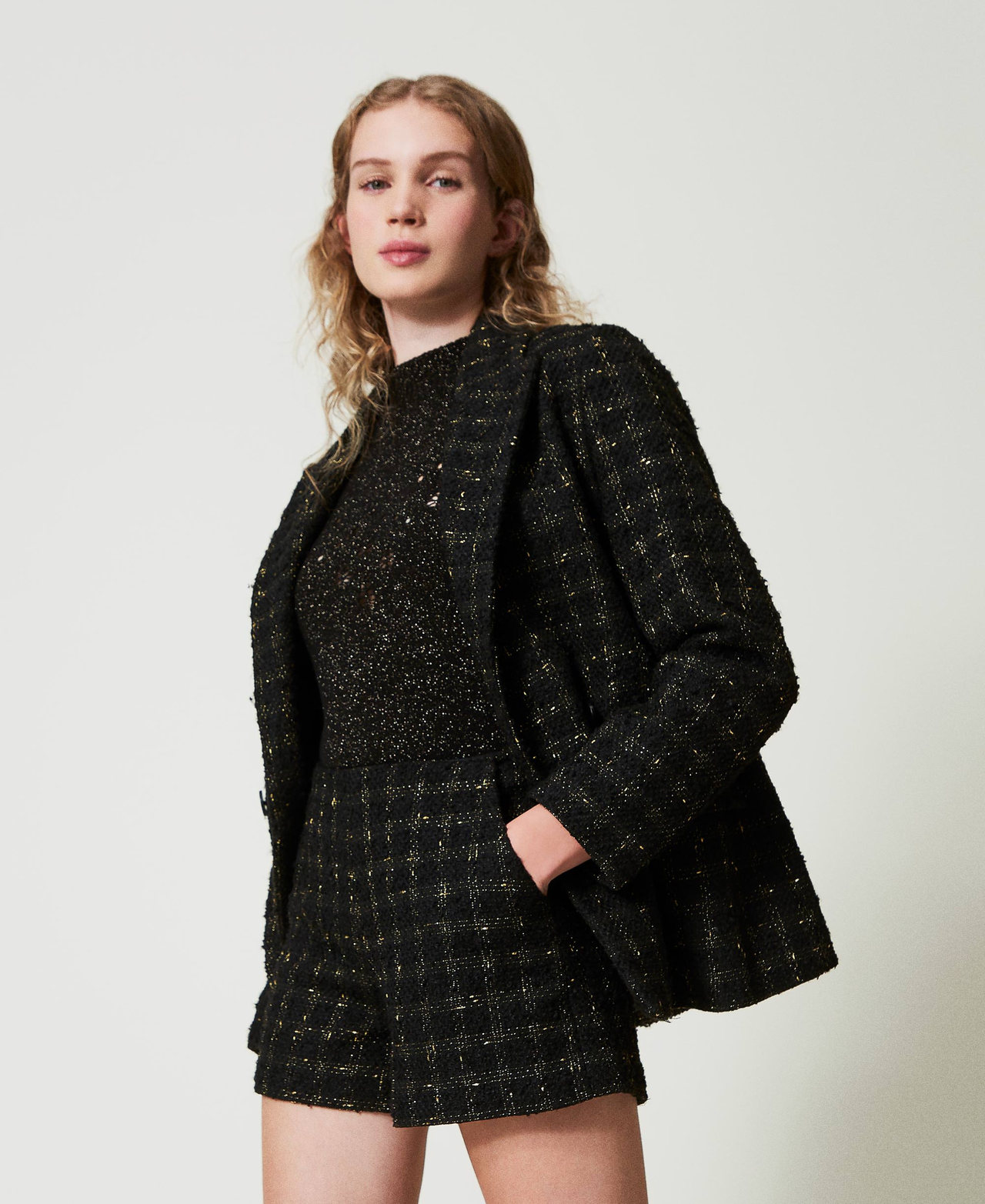 Bouclé shorts with check pattern Black / Gold Bouclè Woman 242TT2152_12009_03