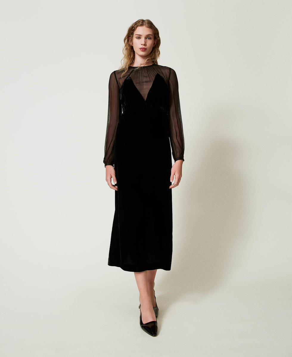 Robe midi en mousseline et velours Noir Femme 242TT2180_00006_01