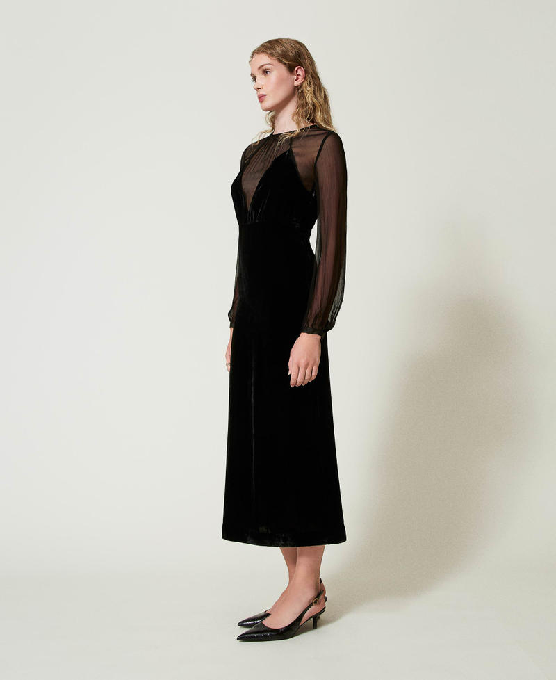 Chiffon and velvet midi dress Black Woman 242TT2180_00006_02