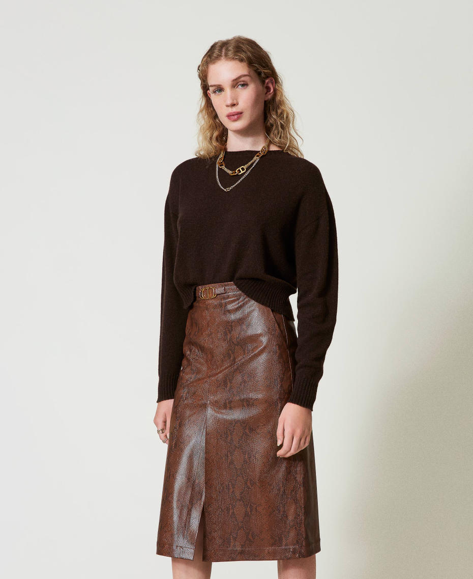 Lizard leather effect midi skirt Coffee / Black Lizard Print Woman 242TT2230_12052_01