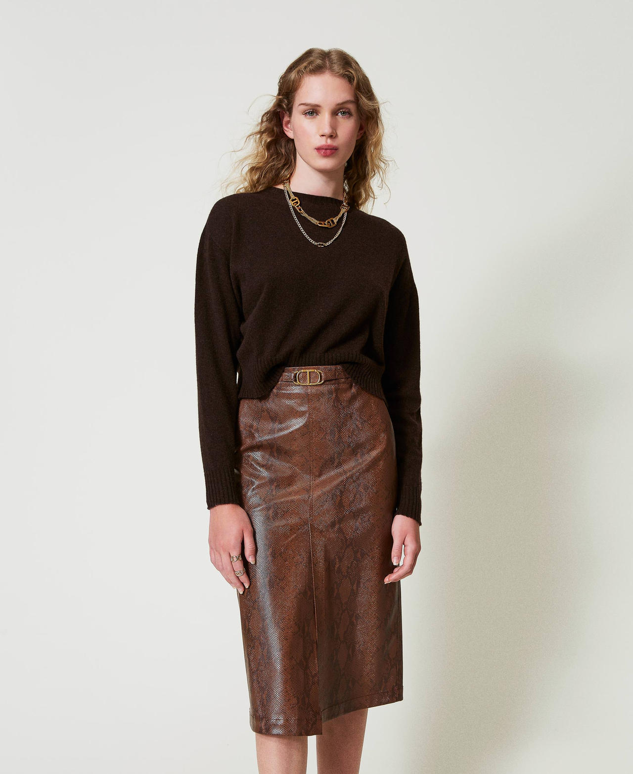 Lizard leather effect midi skirt Coffee / Black Lizard Print Woman 242TT2230_12052_02