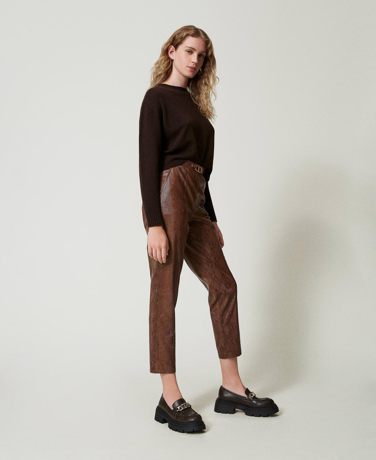 Lizard leather effect cigarette trousers Coffee / Black Lizard Print Woman 242TT2234_12052_02