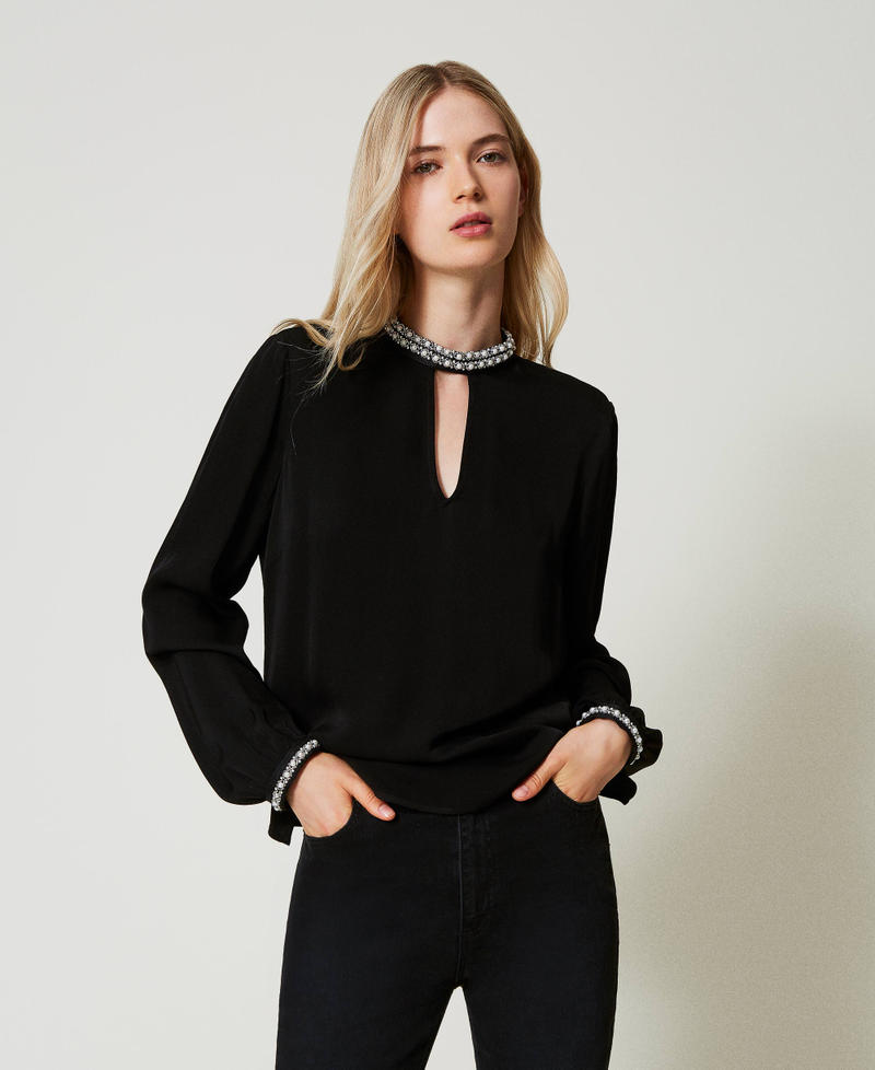 Crêpe blouse with embroidery Black Woman 242TT2262_00006_01