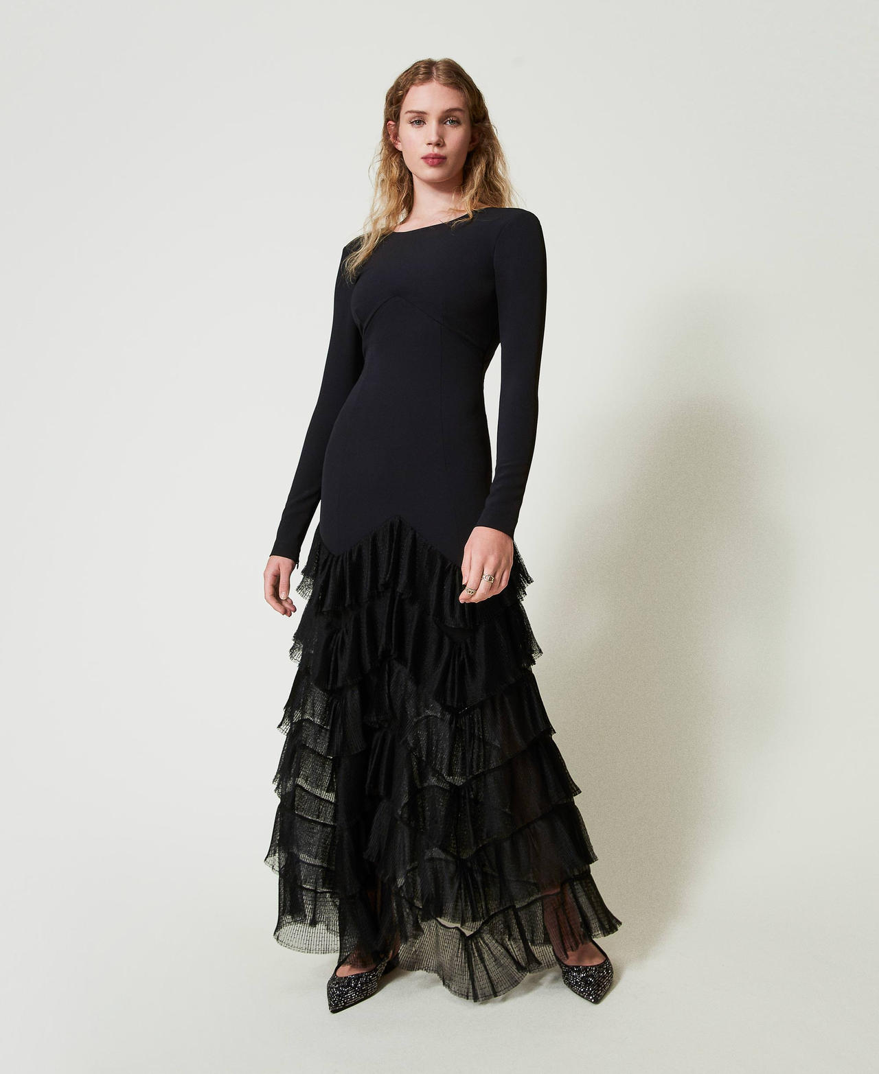 Long dress with pleated tulle flounces Black Woman 242TT2300_00006_02