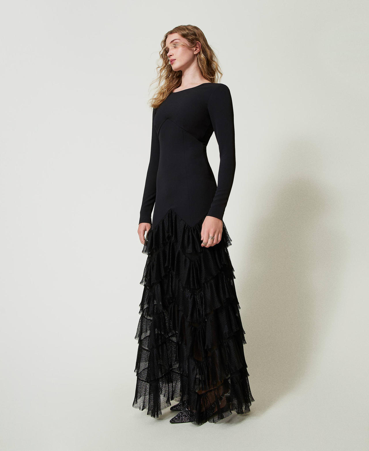 Long dress with pleated tulle flounces Black Woman 242TT2300_00006_03