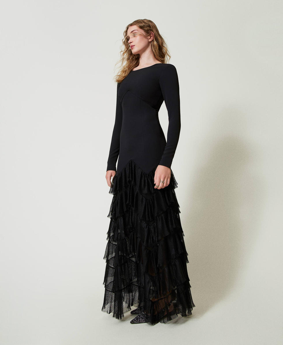 Long dress with pleated tulle flounces Woman, Black