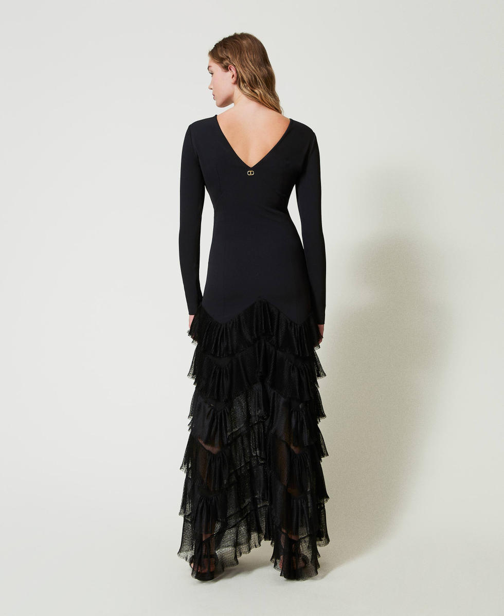 Long dress with pleated tulle flounces Woman, Black | TWINSET Milano