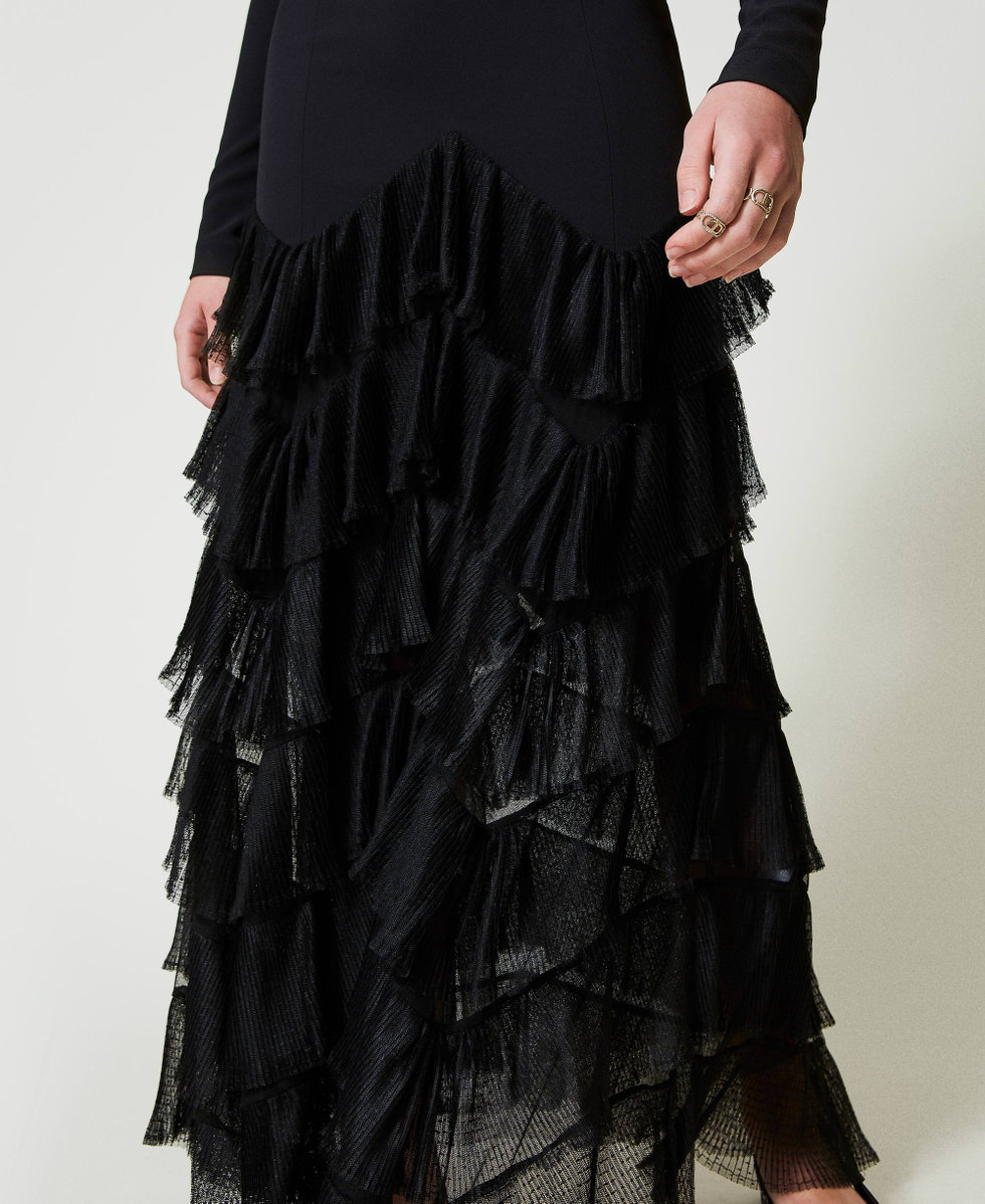 Robe longue avec volants pliss&eacute;s en tulle Noir Femme 242TT2300_00006_05