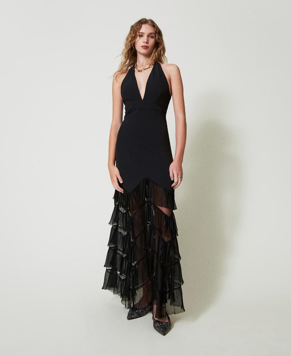 Maxi-Neckholderkleid mit plissierten T&uuml;llvolants Schwarz Frau 242TT2301_00006_01