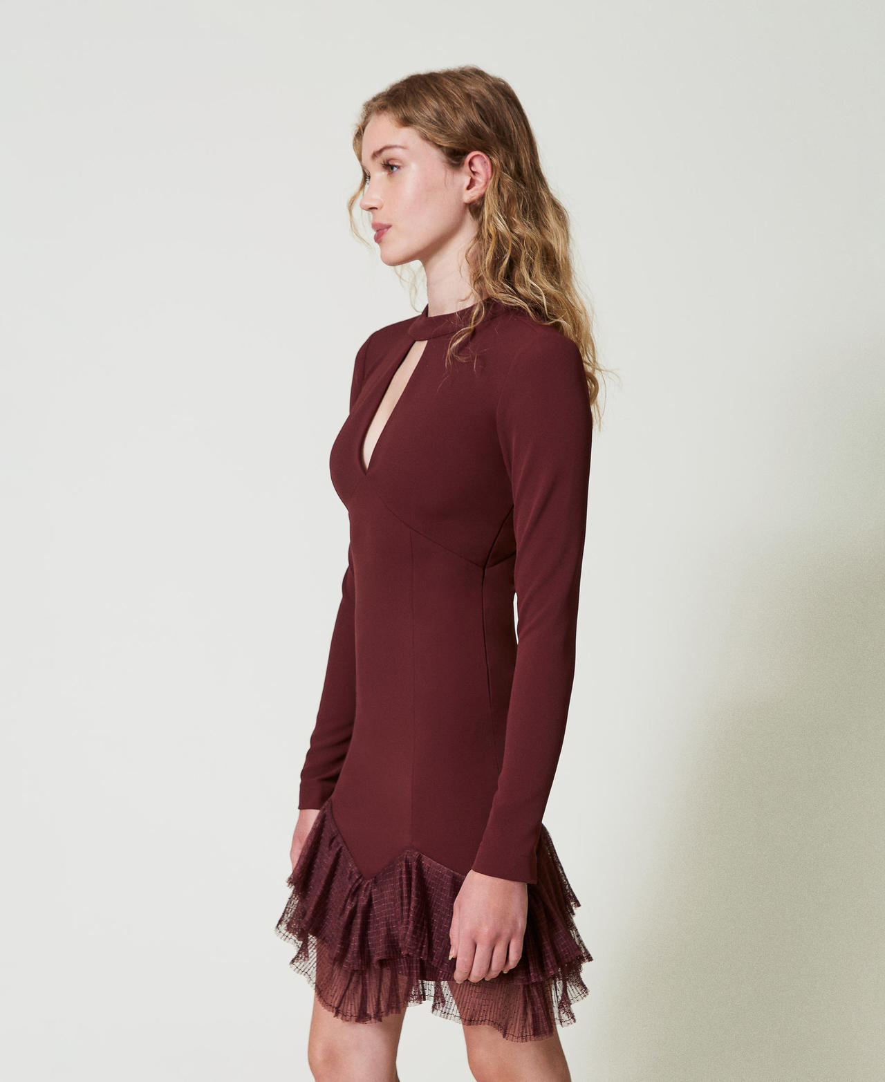 Short dress with pleated tulle flounces Plum Wine Red Woman 242TT2302_11944_02