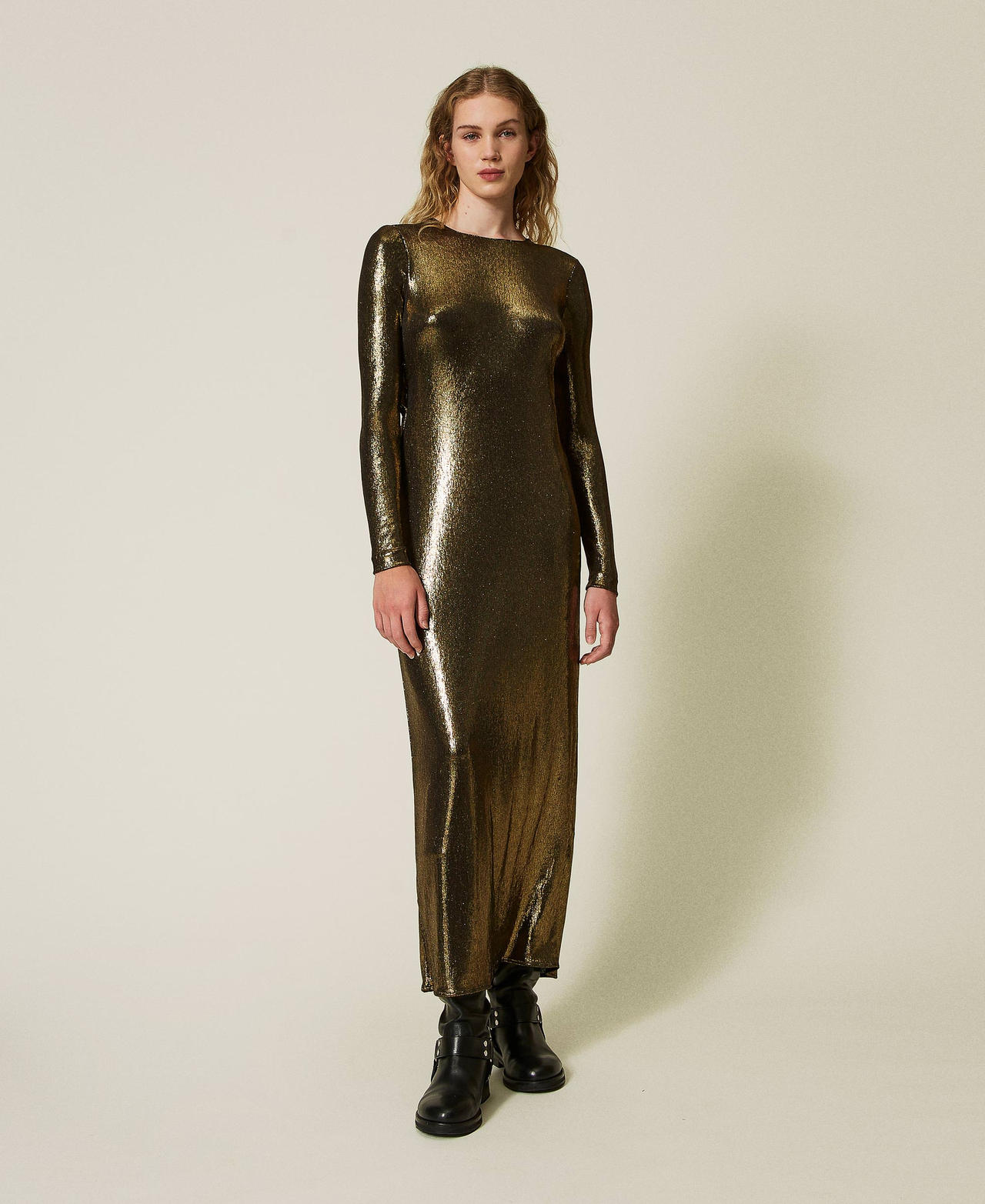 Long laminated dress with draping Laminated Gold / Black Woman 242TT2360_11771_02