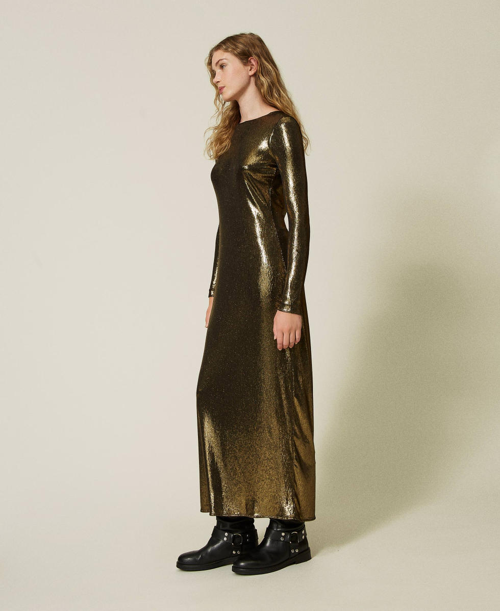 Abito lungo laminato con drappeggio Lamina Gold / Black Donna 242TT2360_11771_03