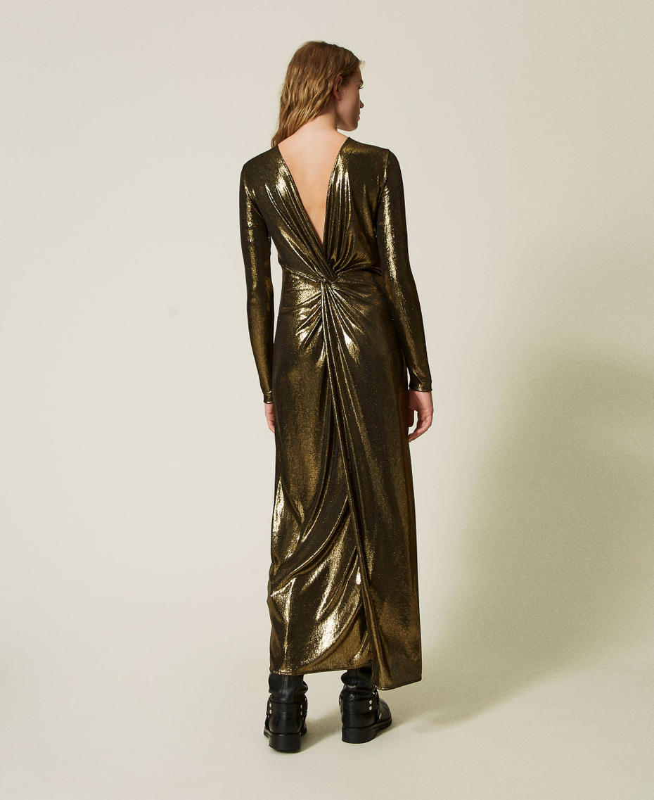 Long laminated dress with draping Laminated Gold / Black Woman 242TT2360_11771_04