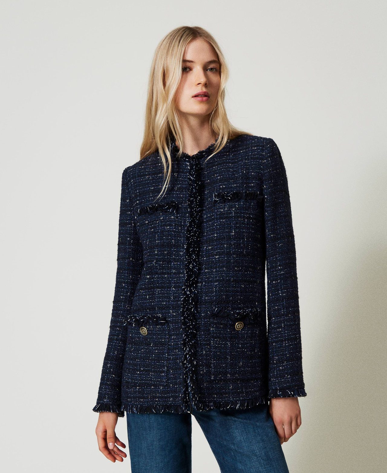 Bouclé jacket with logoed buttons Blue Denim / Black Bouclè Woman 242TT2391_12006_02