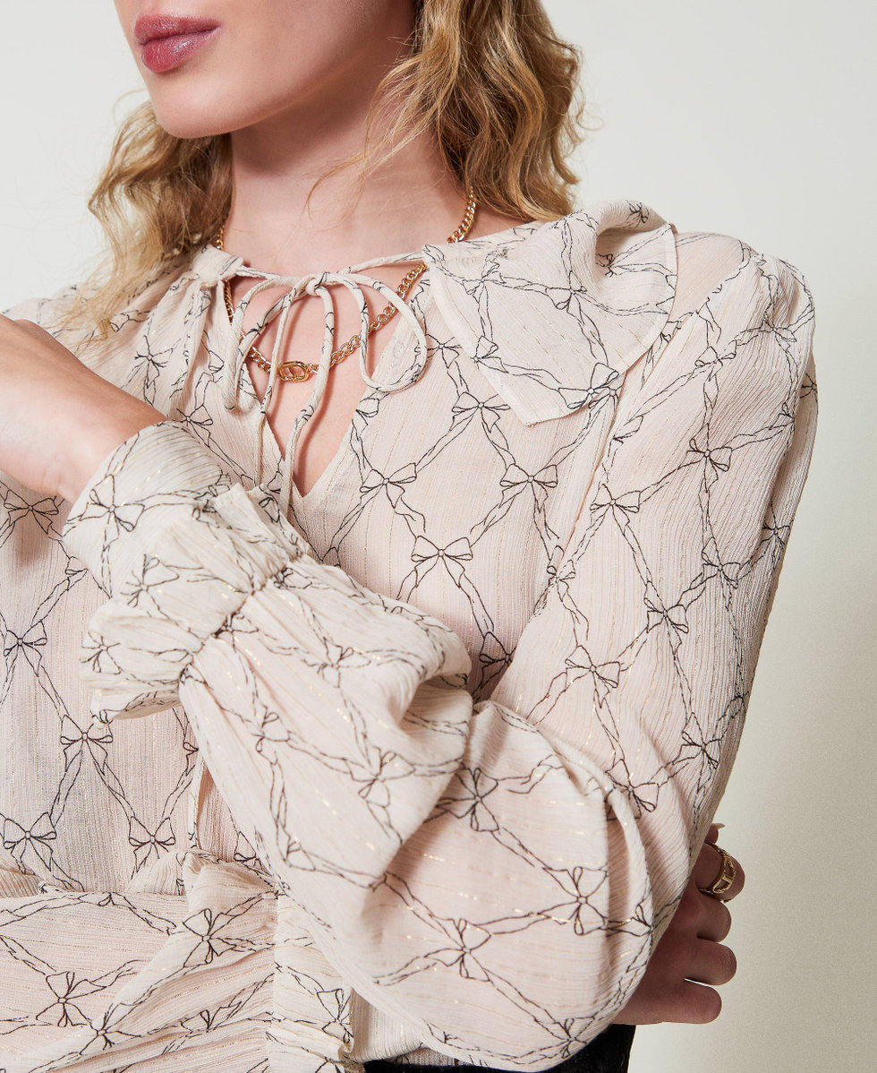 Creponne blouse with bow print White Cream / Black Bow Print Woman 242TT2441_12048_04