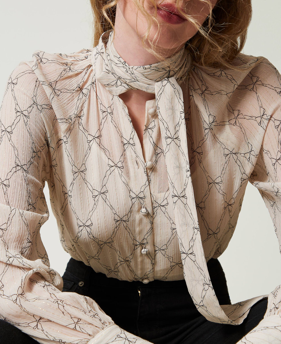 Camicia in creponne con stampa fiocchi Stampa Fiocchi Bianco "White Cream" / Nero Donna 242TT2442_12048_04