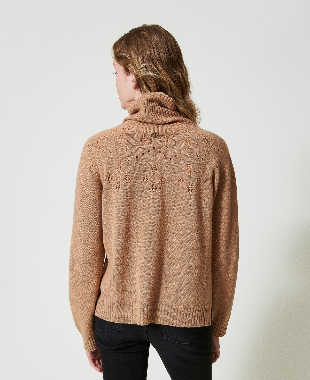 Wool and lurex blend high neck jumper Two-tone Sandy Brown / Lurex Gold Woman 242TT3014_12067_03