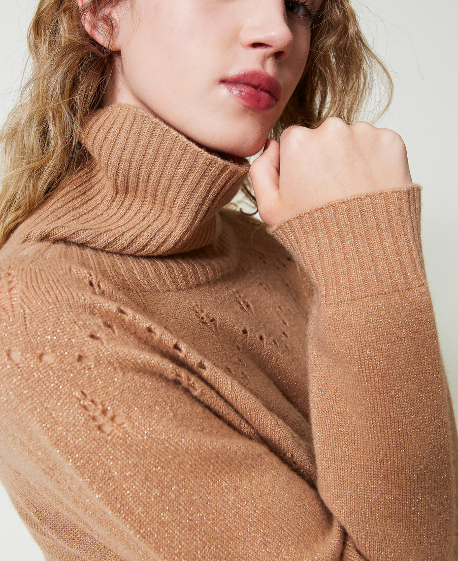 Wool and lurex blend high neck jumper Two-tone Sandy Brown / Lurex Gold Woman 242TT3014_12067_04