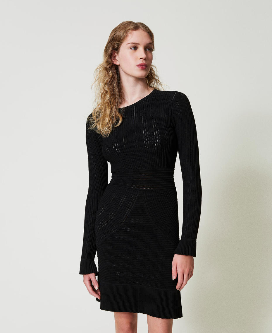 Short knit dress with mixed stitches Black Woman 242TT3121_00006_01
