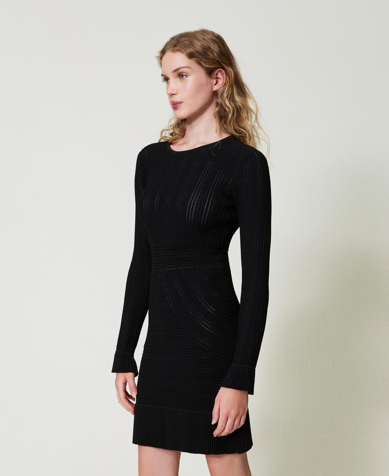 Short knit dress with mixed stitches Black Woman 242TT3121_00006_02