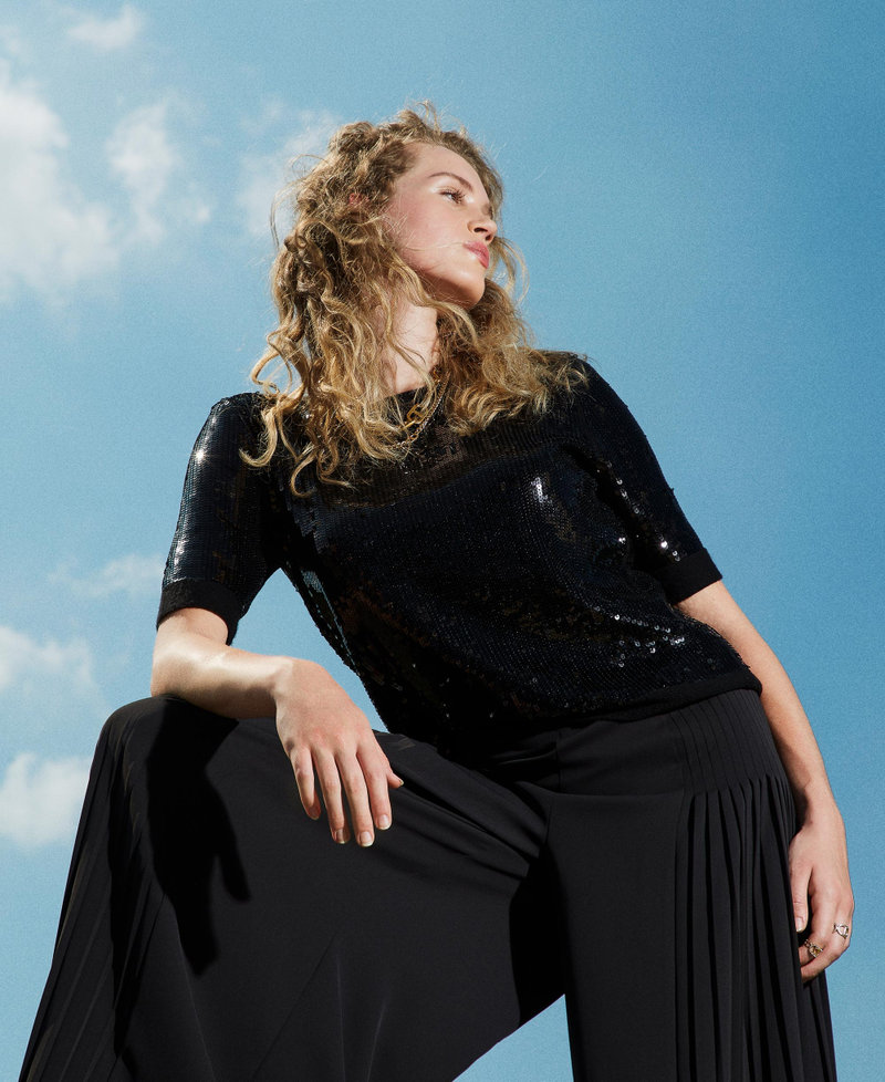 Jumper with full sequin embroidery Black Woman 242TT3141_00006_01