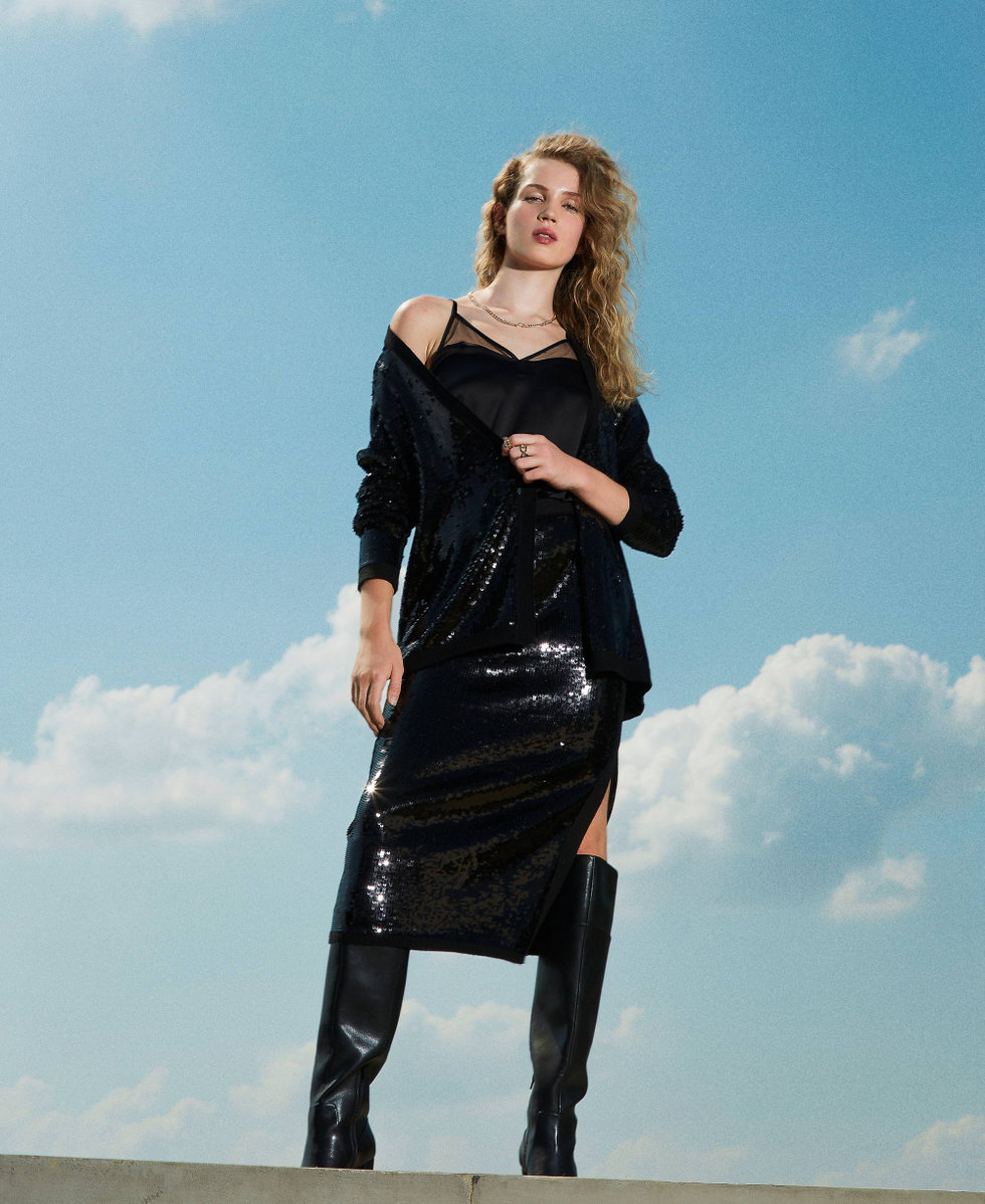 Full sequin knit midi skirt Woman, Black | TWINSET Milano