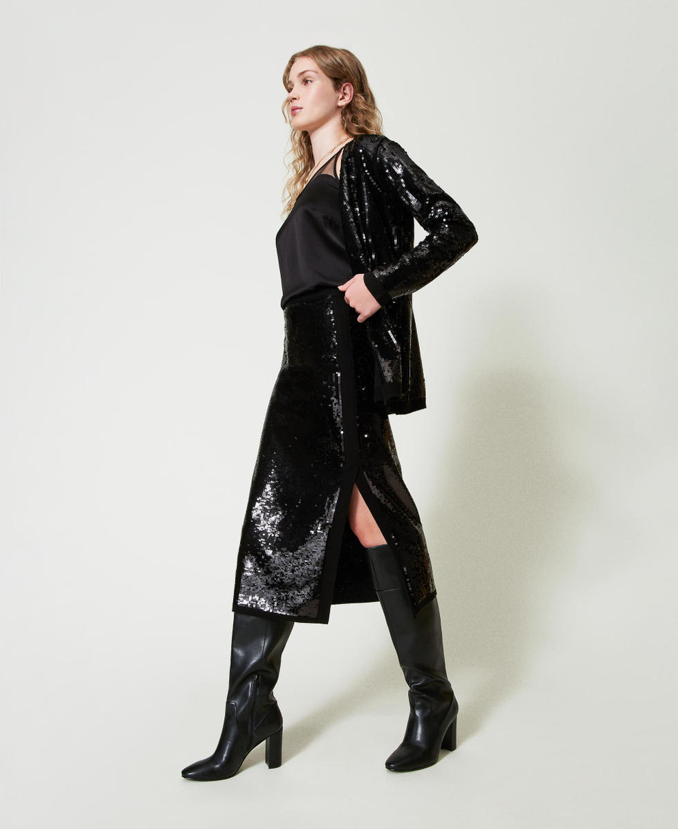 Jupe mi-longue en maille avec sequins all-over Noir Femme 242TT3142_00006_02