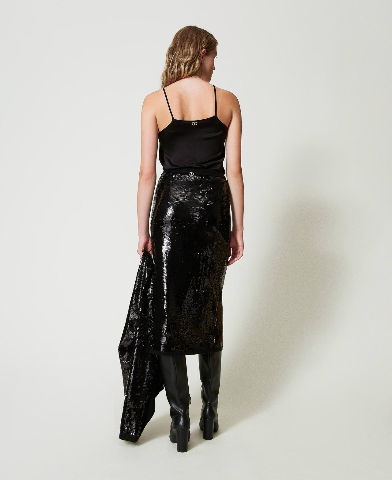Full sequin knit midi skirt Black Woman 242TT3142_00006_03