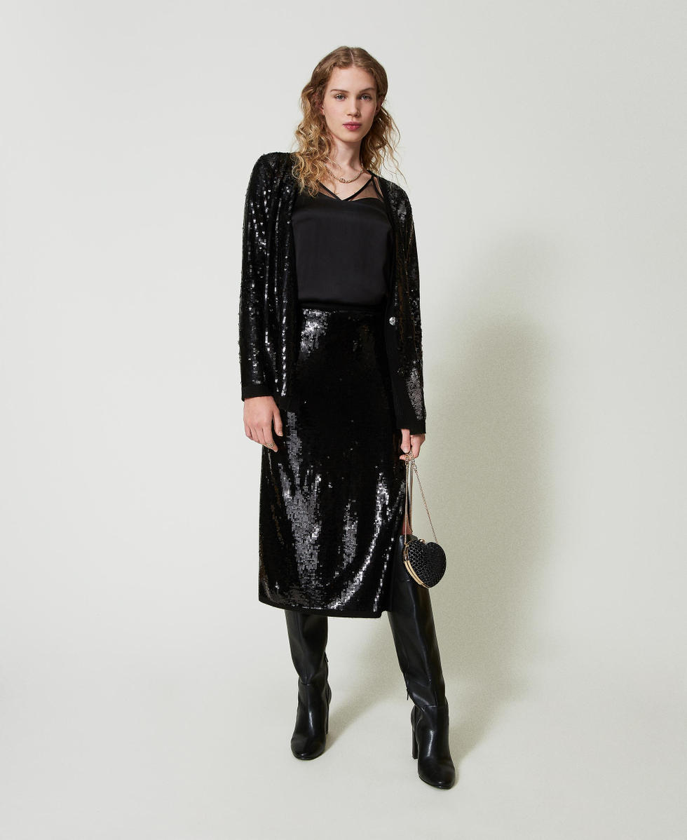Jupe mi-longue en maille avec sequins all-over Noir Femme 242TT3142_00006_T0