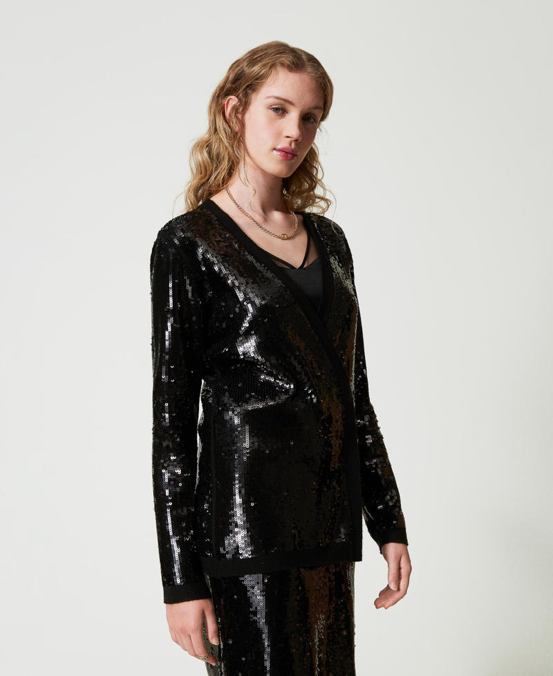 Full sequin double-breasted cardigan Black Woman 242TT3145_00006_03