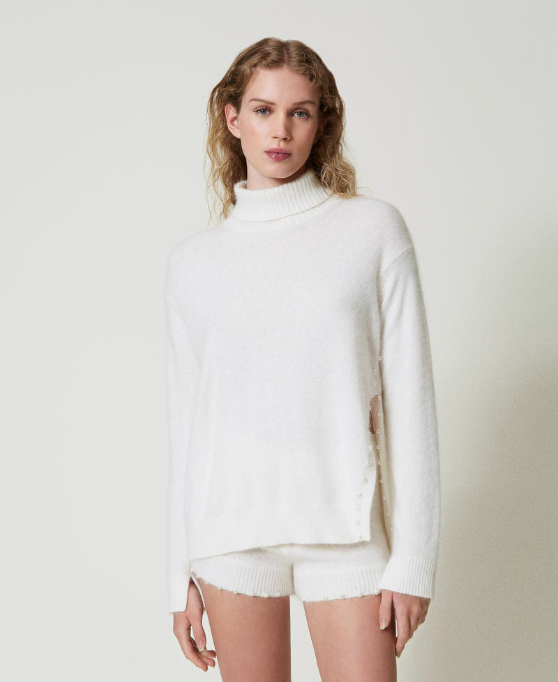 Angora blend turtleneck with pearls