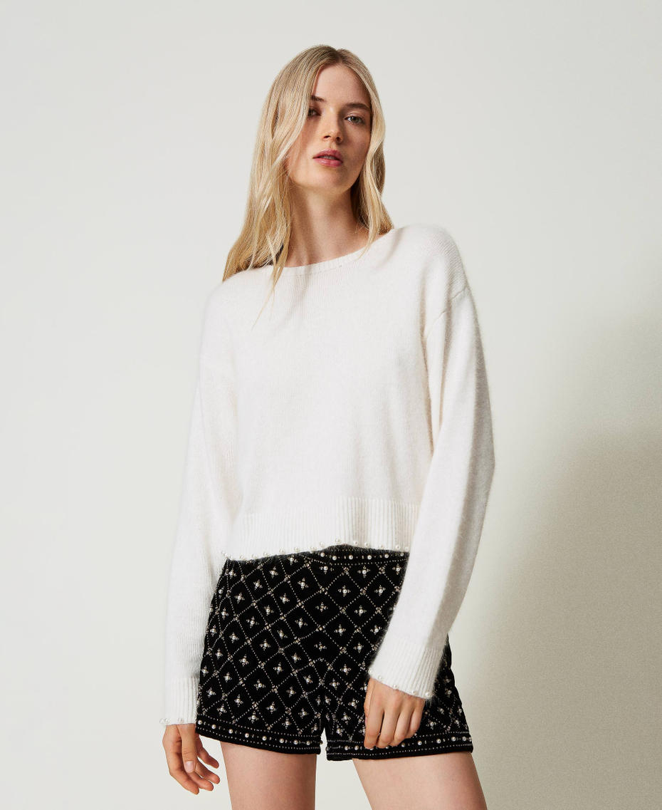 Angora blend cropped jumper with pearls White Snow Woman 242TT3292_00282_01