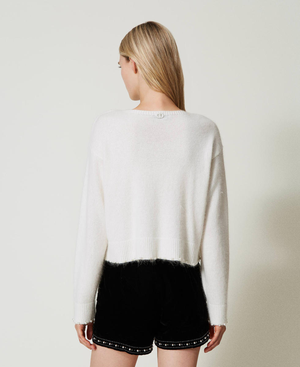 Pull cropped en angora m&eacute;lang&eacute; avec perles Blanc Neige Femme 242TT3292_00282_03