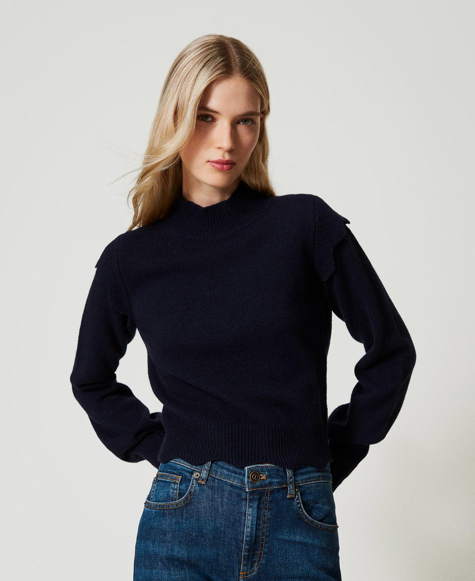 Pull en laine et cachemire avec festons Bleu Classique Femme 242TT3321_11956_01