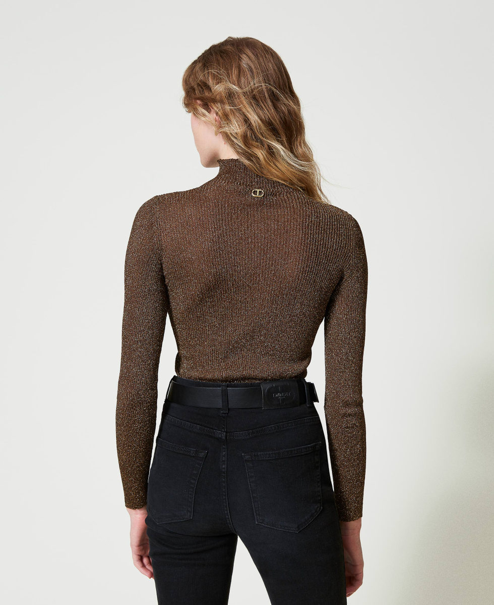 Pull col montant en fil Lurex Bicolore Noir/Or Fonc&eacute; Femme 242TT3461_12028_03