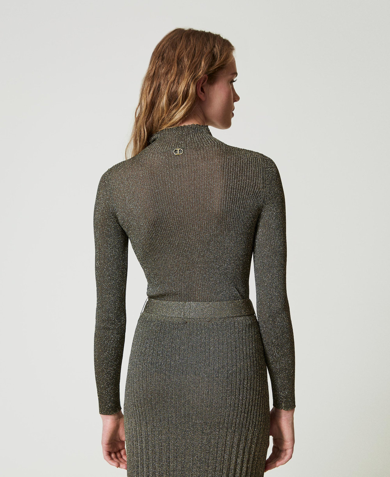 Pull col montant en fil Lurex Bicolore Taupe Fonc&eacute;/Or Femme 242TT3461_12038_03