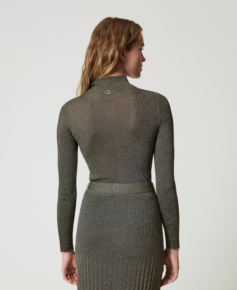 Pull col montant en fil Lurex Bicolore Taupe Fonc&eacute;/Or Femme 242TT3461_12038_03
