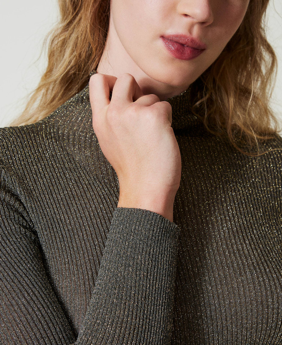 Pull col montant en fil Lurex Bicolore Taupe Fonc&eacute;/Or Femme 242TT3461_12038_04