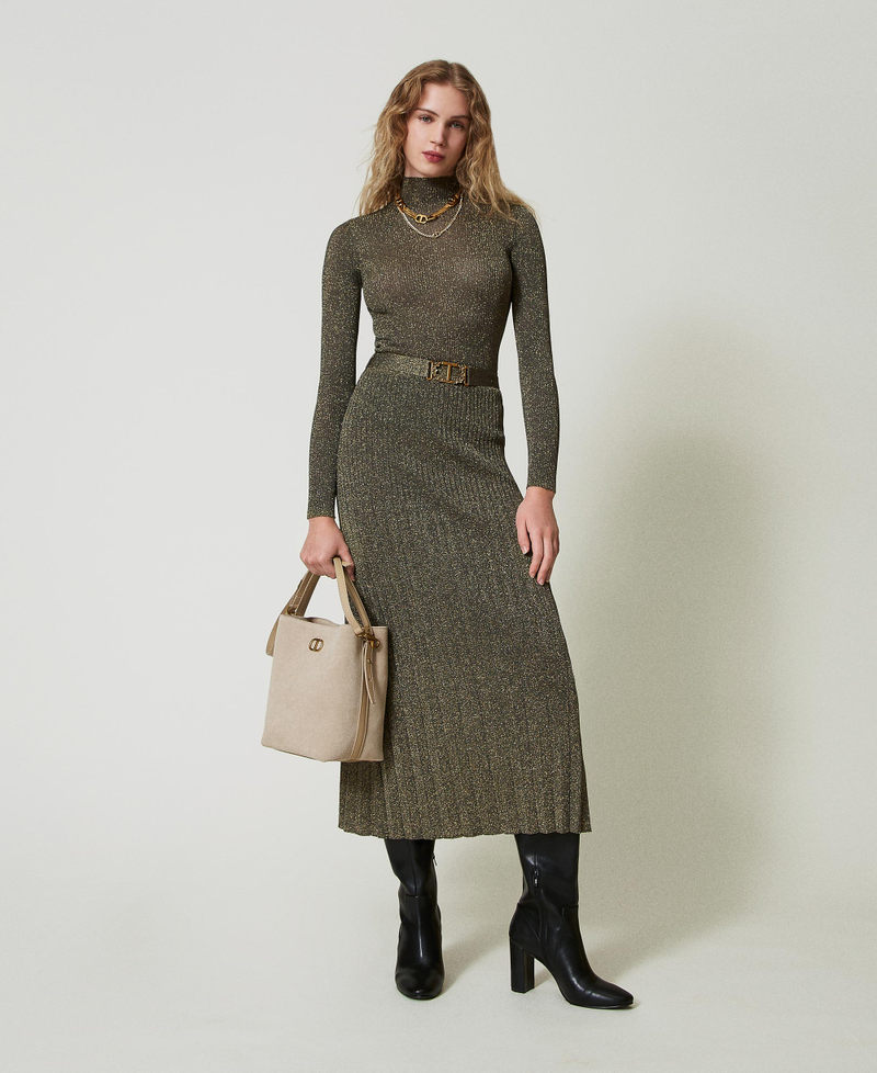 Pull col montant en fil Lurex Bicolore Taupe Fonc&eacute;/Or Femme 242TT3461_12038_T0