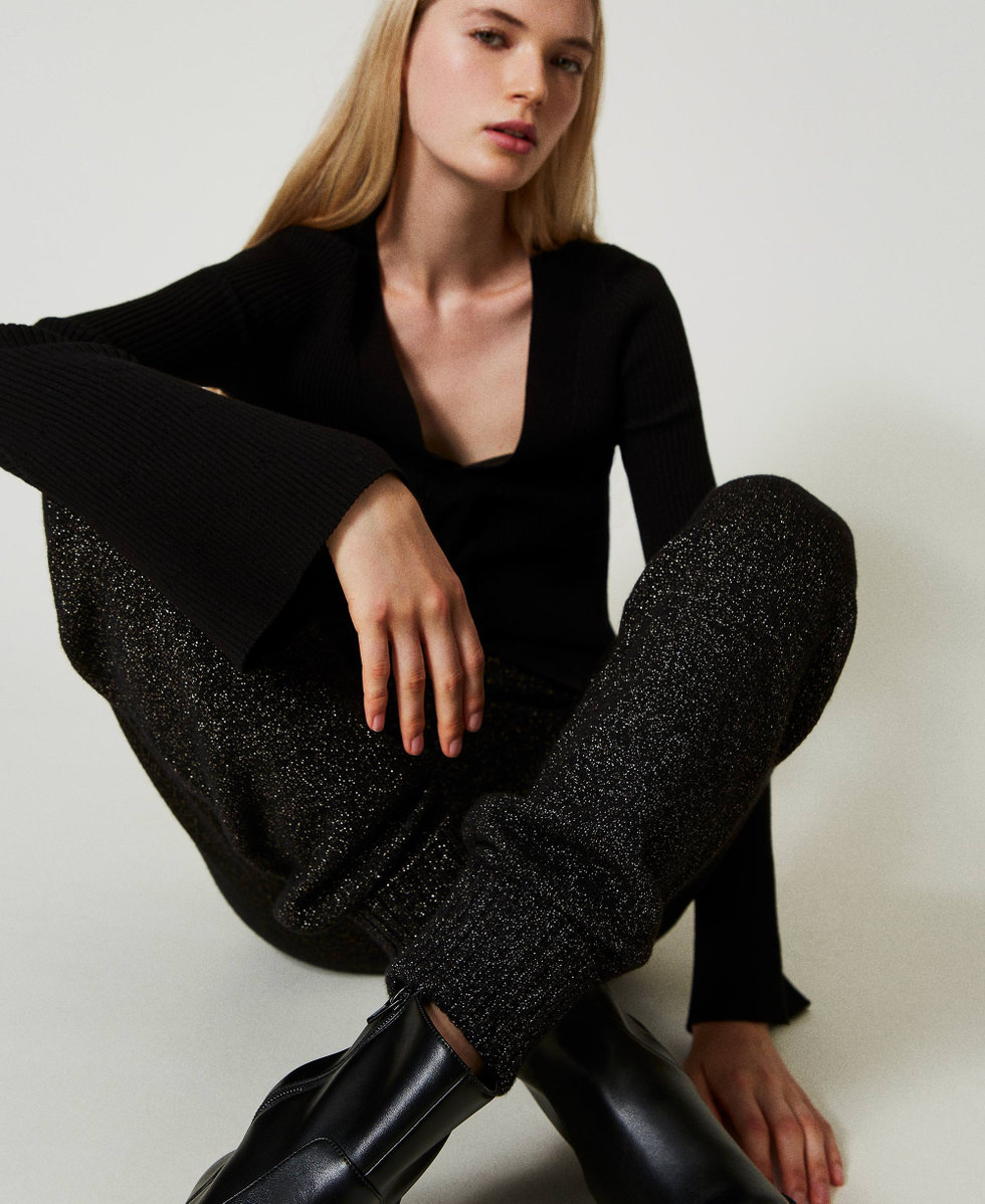 Strick-Joggers aus Wolle-Lurex-Mischung Zweifarbig Schwarz / Goldenes Lurex Frau 242TT3481_02781_01