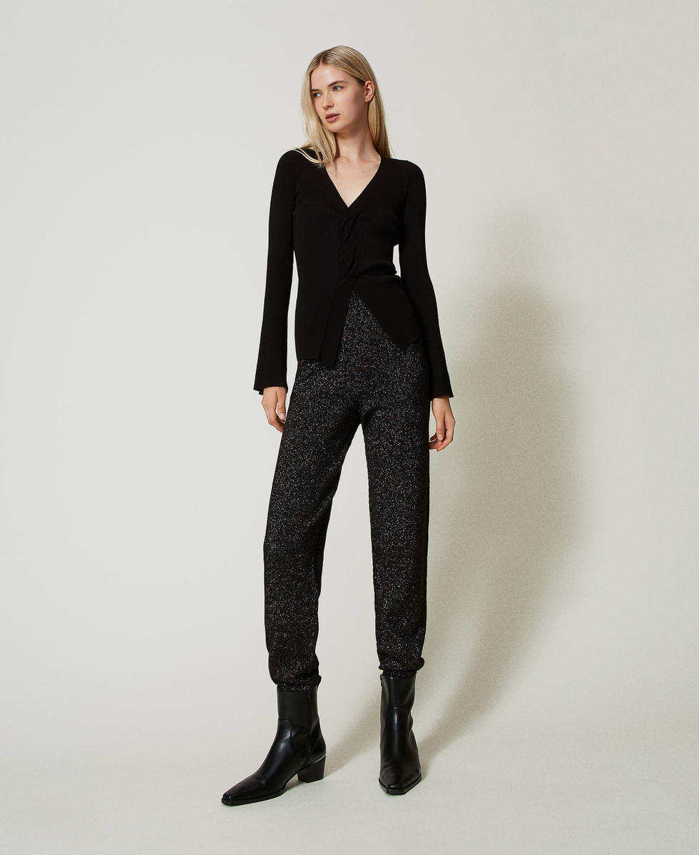 Strick-Joggers aus Wolle-Lurex-Mischung Zweifarbig Schwarz / Goldenes Lurex Frau 242TT3481_02781_02