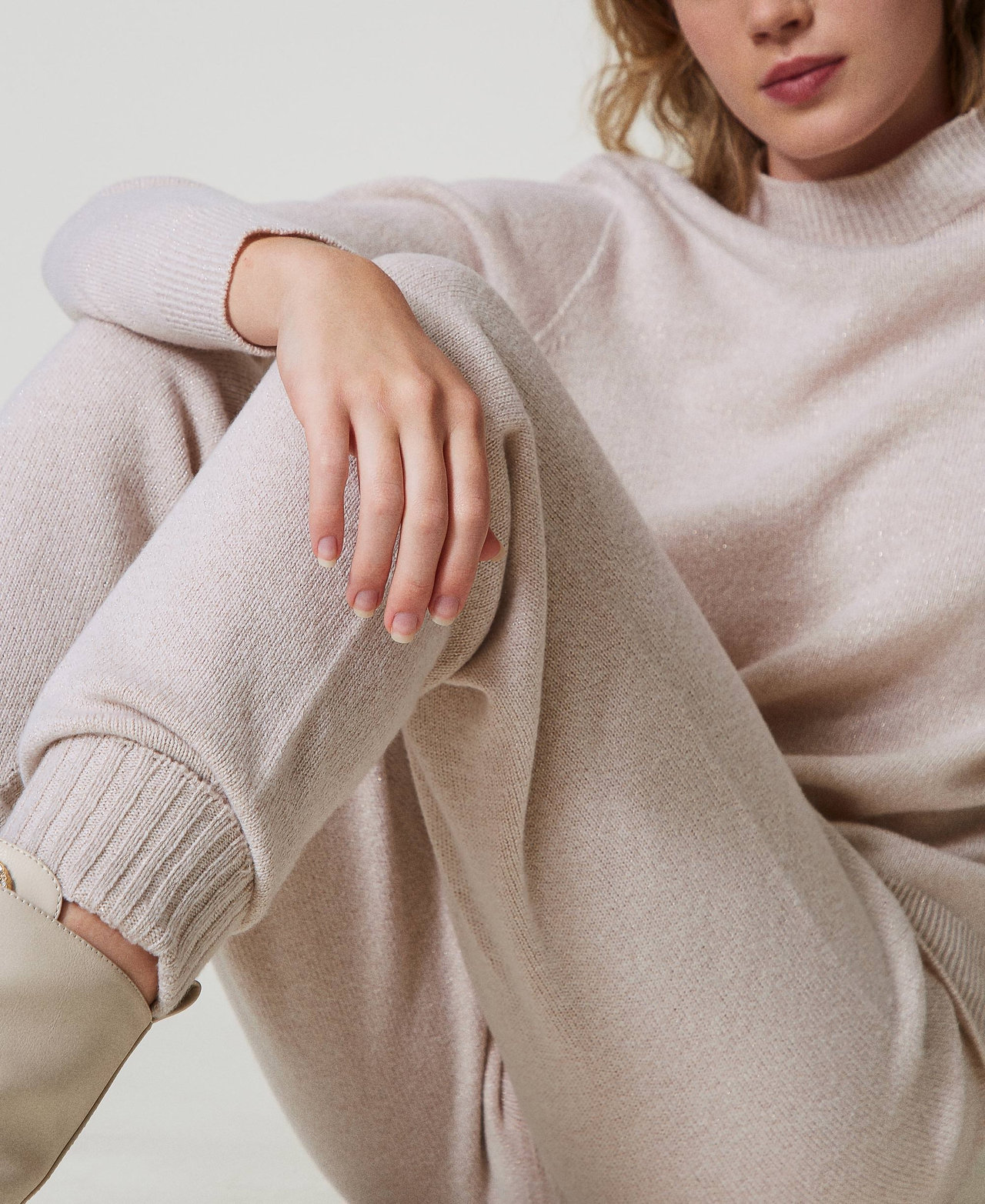 Pantalon de jogging en maille melangee de laine et lurex Femme Beige TWINSET Milano