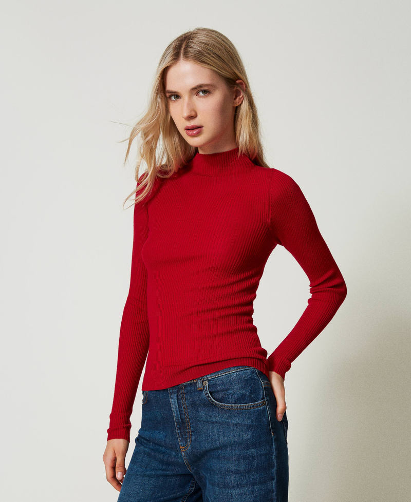 Nahtloser Stehkragenpullover aus Wolle Venedigrot Frau 242TT3550_00740_02
