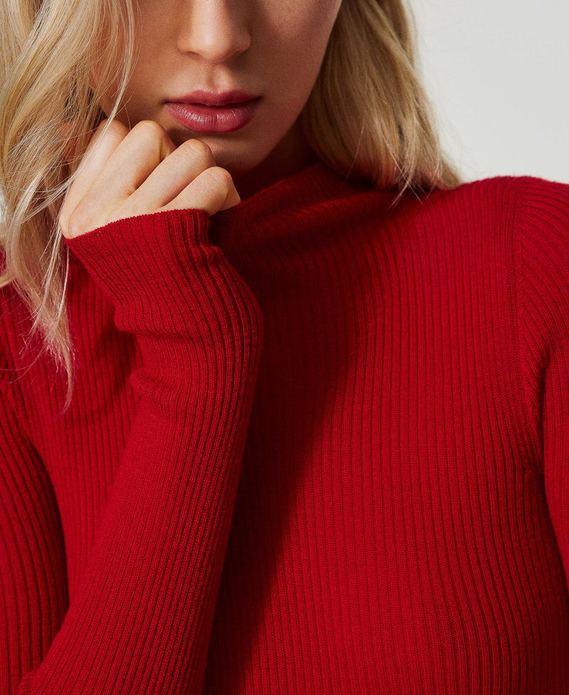 Nahtloser Stehkragenpullover aus Wolle Venedigrot Frau 242TT3550_00740_04