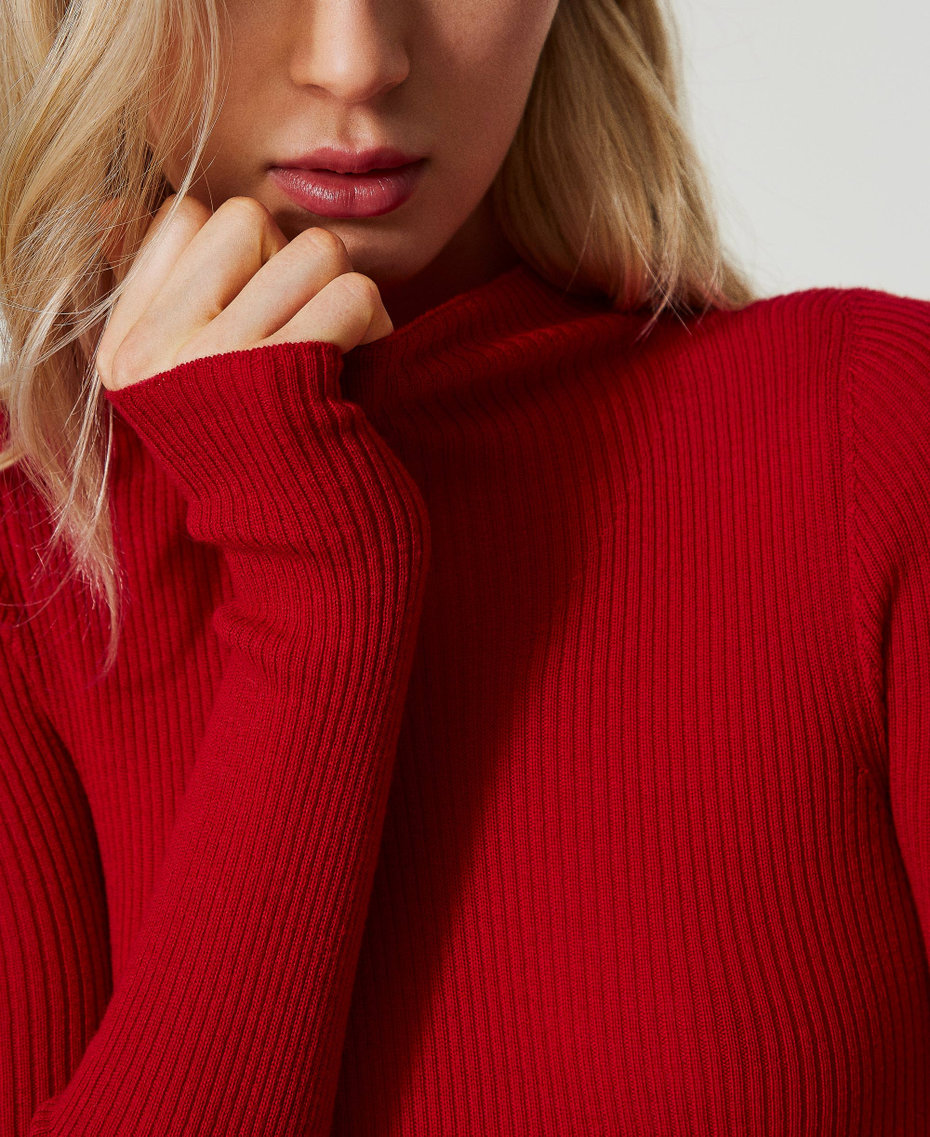 Nahtloser Stehkragenpullover aus Wolle Venedigrot Frau 242TT3550_00740_04