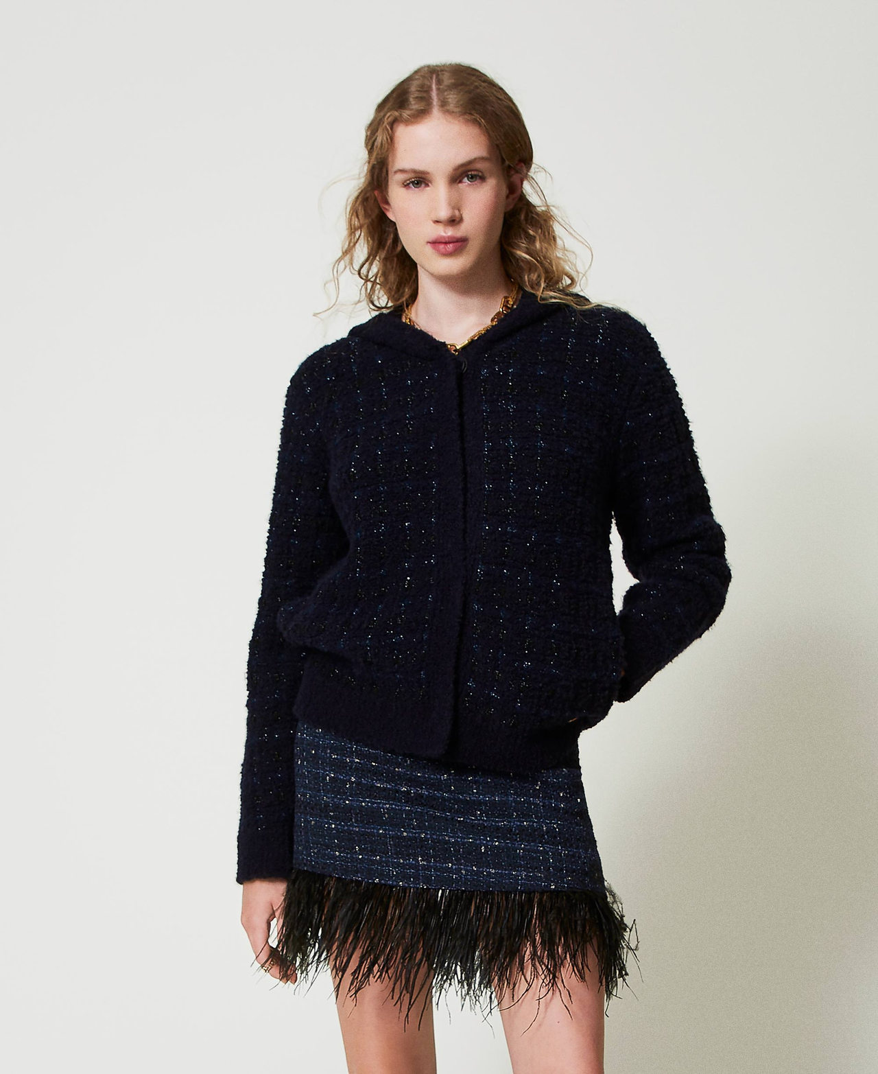 Jacquard knit chequered jacket Classic Blue / Black Lurex Checked Jacquard Woman 242TT3580_12074_02