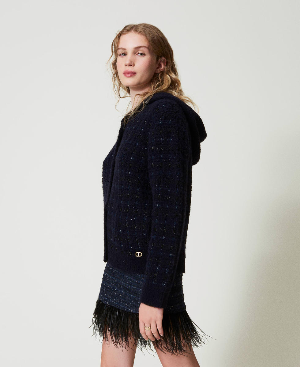 【Lui’s】ツイードニット　ブラック/tweed knit Black 選べる3サイズ◎】パール付き ノーカラー ツイードニット